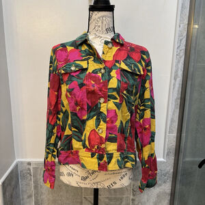 Tahari Tropical Floral Linen Blend Jacket Size Medium Boho Resort Vacation